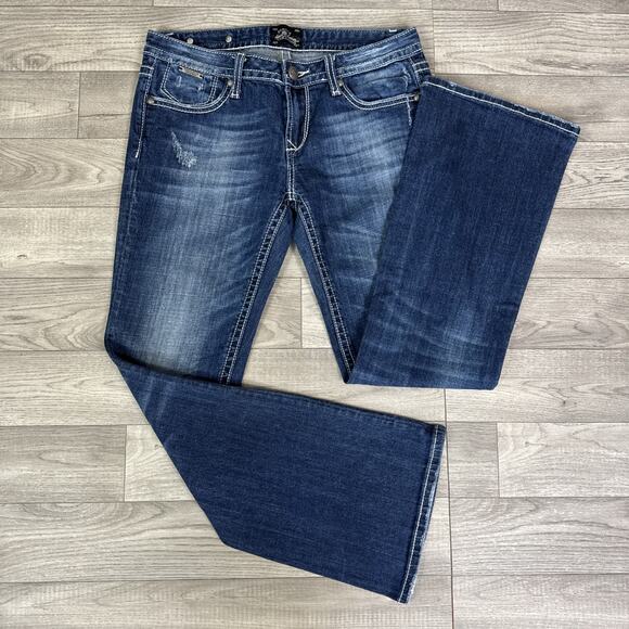 ReRock Express Distressed Bootcut Denim Jeans Dark Wash sz 6 Short - Picture 1 of 8